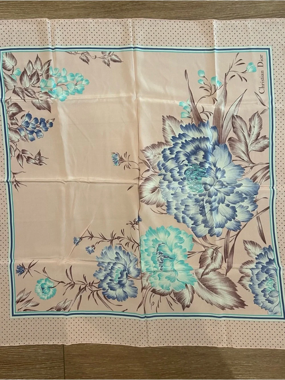 Dior Pastel Pink Floral Polka-Dot Square Silk Scarf